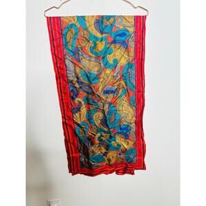 Vintage PERRY ELLIS 100% Silk Multicolor Paisley Red Border 70s/80s Scarf